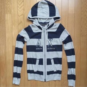 Armani Exchange Navy and Gray Striped Zip Hoodie